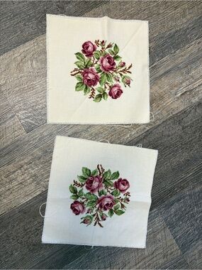 Handmade Floral Cross-Stitch Wall Squares - Pink Roses